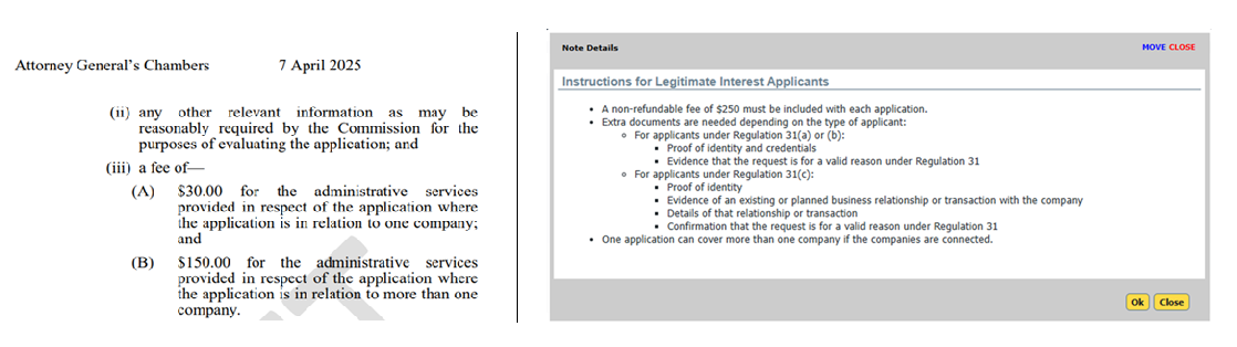 Left: extract from draft Turks and Caicos law specifying a $30 fee for searching the beneficial ownership register. Right: a screenshot from the beneficial ownership register, showing a $250 fee.