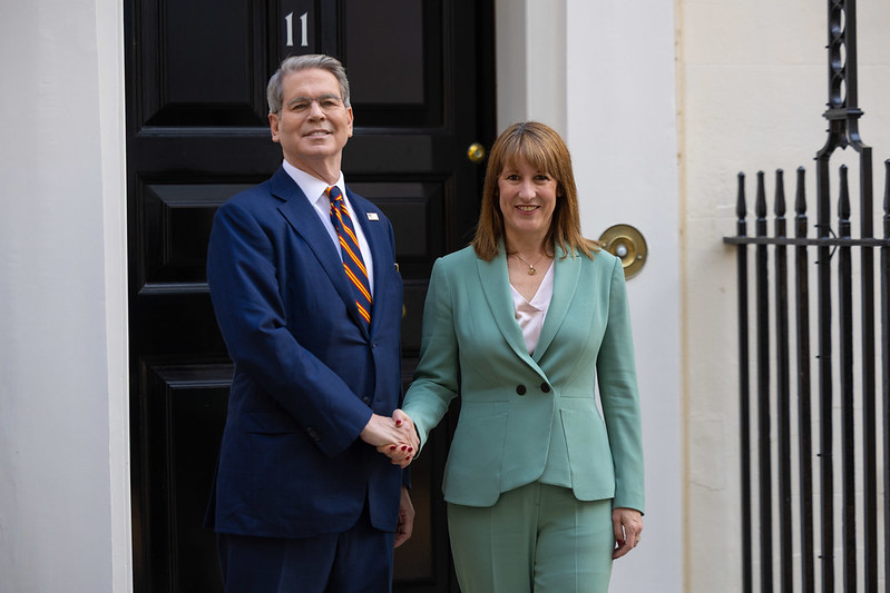 The Chancellor of the Exchequer Rachel Reeves welcomes US Secretary of the Treasury Scott Bessent to 11 Downing Street, 16 September 2025