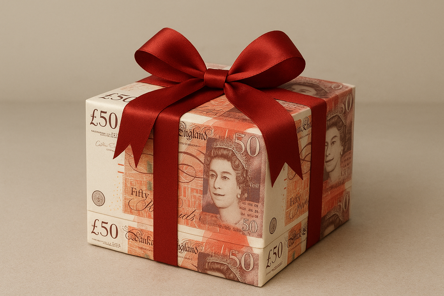 A present made of fifty pound notes, gift-wrapped with a red bow.
